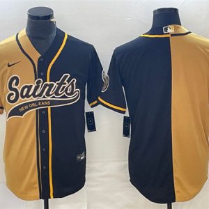 Men New Orleans Saints Black Gold Split Cool Base Stitched Baseball Jersey