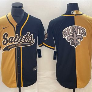 Men New Orleans Saints Black Gold Split Team Big Logo Cool Base Stitched Baseball Jersey