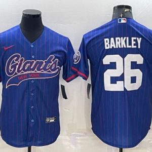 Men New York Giants #26 Saquon Barkley Blue With Patch Cool Base Stitched Baseball Jersey