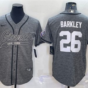 Men New York Giants #26 Saquon Barkley Gray With Patch Cool Base Stitched Baseball Jersey