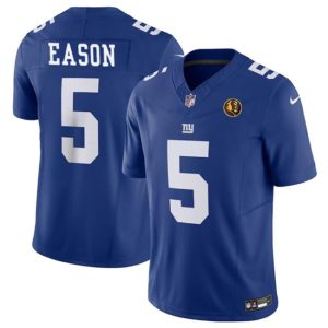 Men New York Giants #5 Jacob Eason Blue 2023 F.U.S.E. With John Madden Patch Vapor Limited Football Stitched Jersey