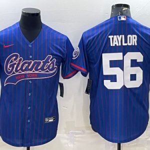 Men New York Giants #56 Lawrence Taylor Blue With Patch Cool Base Stitched Baseball Jersey