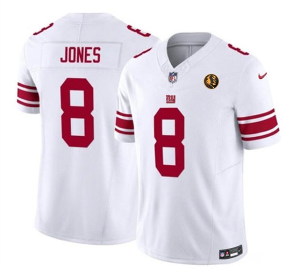 Men New York Giants #8 Daniel Jones White 2023 F.U.S.E. With John Madden Patch Vapor Limited Football Stitched Jersey