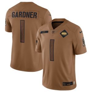 Men New York Jets #1 Sauce Gardner 2023 Brown Salute To Service Limited Football Stitched Jersey