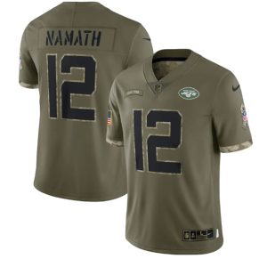 Men New York Jets #12 Joe Namath 2022 Olive Salute To Service Limited Stitched Jersey