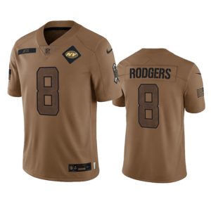 Men New York Jets #8 Aaron Rodgers 2023 Brown Salute To Service Limited Football Stitched Jersey