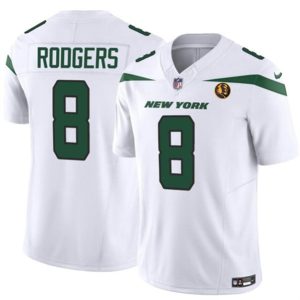 Men New York Jets #8 Aaron Rodgers White 2023 F.U.S.E. With John Madden Patch Vapor Limited Football Stitched Jersey