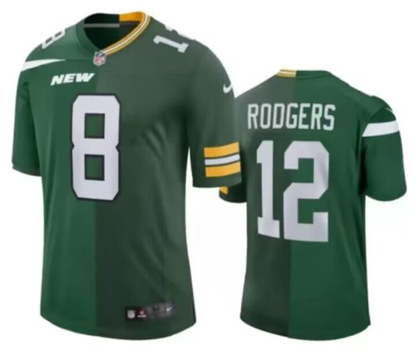 Men New York Jets Front #8 Back #12 Aaron Rodgers Split Green Jersey