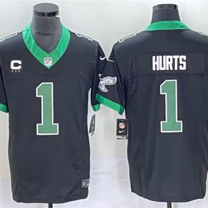 Men Philadelphia Eagles #1 Jalen Hurts Black 2023 F.U.S.E. Vapor Untouchable With C Patch Stitched Football Jersey