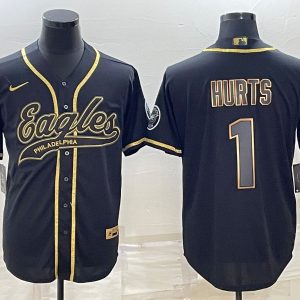 Men Philadelphia Eagles #1 Jalen Hurts Black Gold With Patch Cool Base Stitched Baseball Jersey