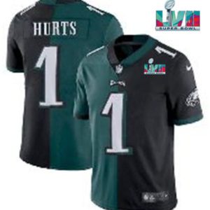 Men Philadelphia Eagles #1 Jalen Hurts Black & Green Split Super Bowl LVII Patch Limited Stitched Jersey