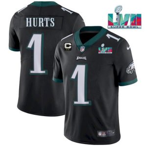 Men Philadelphia Eagles #1 Jalen Hurts Black Super Bowl LVII Patch And 2-star C Patch Vapor Untouchable Limited Stitched Jersey