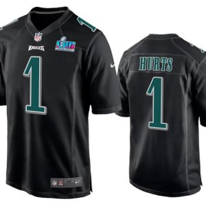 Men Philadelphia Eagles #1 Jalen Hurts Black Super Bowl LVII Patch Stitched Game Jersey