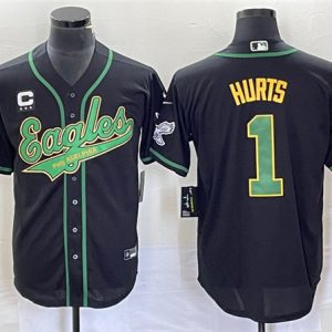 Men Philadelphia Eagles #1 Jalen Hurts Black With C Patch Cool Base Stitched Baseball Jersey