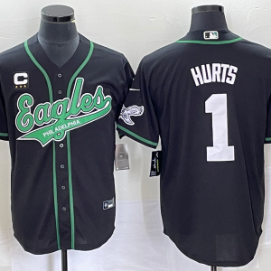 Men Philadelphia Eagles #1 Jalen Hurts Black With C Patch Cool Base Stitched Baseball Jersey