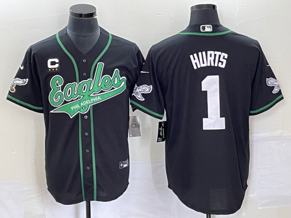 Men Philadelphia Eagles #1 Jalen Hurts Black With C Patch Cool Base Stitched Baseball Jersey