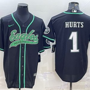 Men Philadelphia Eagles #1 Jalen Hurts Black With Patch Cool Base Stitched Baseball Jersey