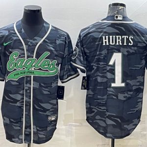 Men Philadelphia Eagles #1 Jalen Hurts Gray Camo With Patch Cool Base Stitched Baseball Jersey