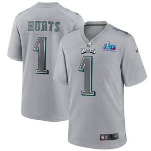 Men Philadelphia Eagles #1 Jalen Hurts Gray Super Bowl LVII Patch Atmosphere Fashion Stitched Game Jersey