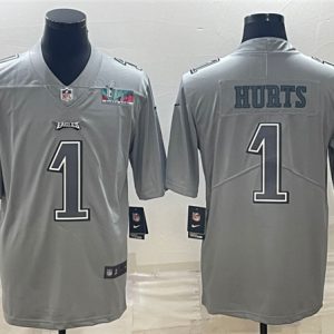 Men Philadelphia Eagles #1 Jalen Hurts Gray Super Bowl LVII Patch Atmosphere Fashion Stitched Jersey