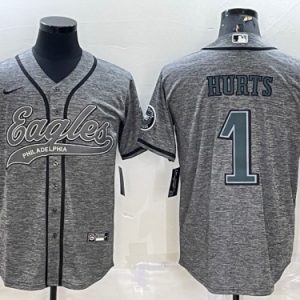 Men Philadelphia Eagles #1 Jalen Hurts Gray With Patch Cool Base Stitched Baseball Jersey