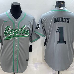 Men Philadelphia Eagles #1 Jalen Hurts Gray With Patch Cool Base Stitched Baseball Jersey