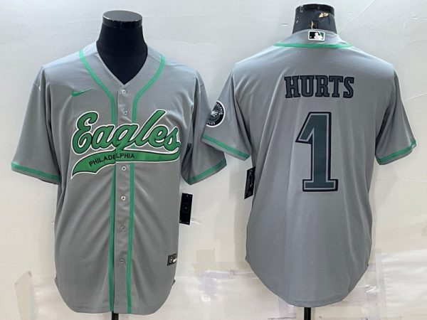 Men Philadelphia Eagles #1 Jalen Hurts Gray With Patch Cool Base Stitched Baseball Jersey