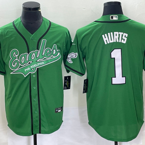 Men Philadelphia Eagles #1 Jalen Hurts Green Cool Base Stitched Baseball Jersey