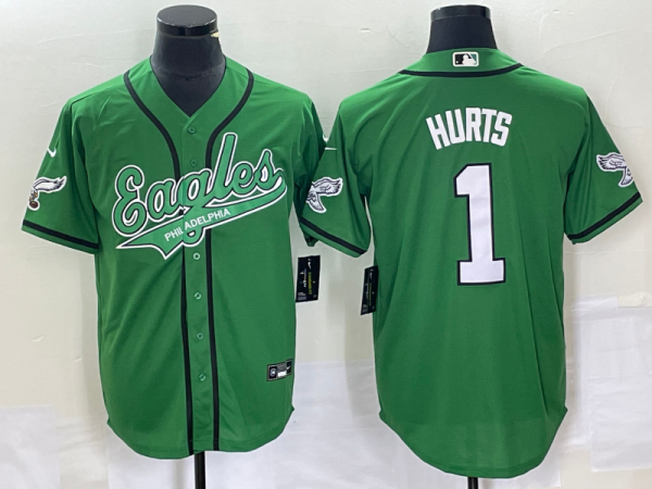 Men Philadelphia Eagles #1 Jalen Hurts Green Cool Base Stitched Baseball Jersey