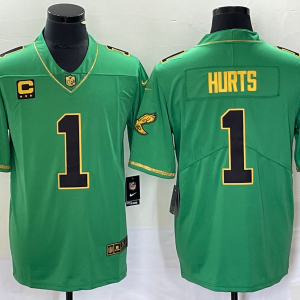 Men Philadelphia Eagles #1 Jalen Hurts Green Gold Vapor Limited With C Patch Stitched Football Jersey