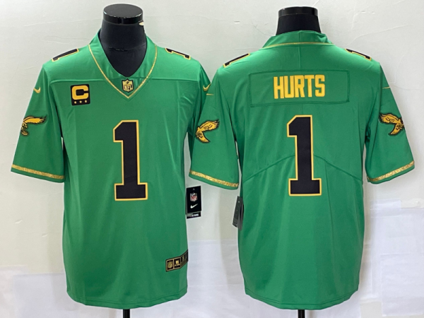 Men Philadelphia Eagles #1 Jalen Hurts Green Gold Vapor Limited With C Patch Stitched Football Jersey