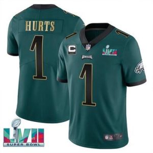 Men Philadelphia Eagles #1 Jalen Hurts Green Golden Super Bowl LVII Patch And 2-star C Patch Vapor Untouchable Limited Stitched Jersey