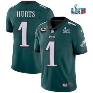 Men Philadelphia Eagles #1 Jalen Hurts Green Super Bowl LVII Patch And 2-star C Patch Vapor Untouchable Limited Stitched Jersey