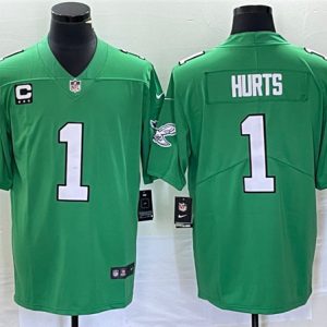 Men Philadelphia Eagles #1 Jalen Hurts Green Vapor Limited With C Patch Stitched Baseball Jersey