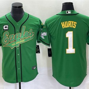 Men Philadelphia Eagles #1 Jalen Hurts Green With C Patch Cool Base Stitched Baseball Jersey