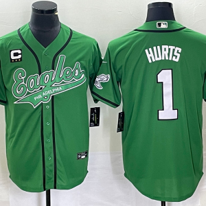 Men Philadelphia Eagles #1 Jalen Hurts Green With C Patch Cool Base Stitched Baseball Jersey