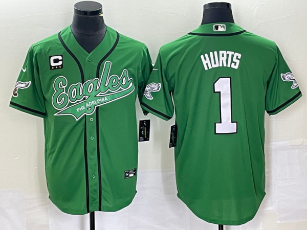 Men Philadelphia Eagles #1 Jalen Hurts Green With C Patch Cool Base Stitched Baseball Jersey