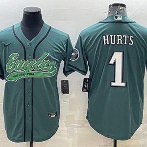 Men Philadelphia Eagles #1 Jalen Hurts Green With Patch Cool Base Stitched Baseball Jersey