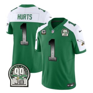 Men Philadelphia Eagles #1 Jalen Hurts Green/White 2023 F.U.S.E. With 3-star C Patch Throwback Vapor Untouchable Limited Football Stitched Jersey