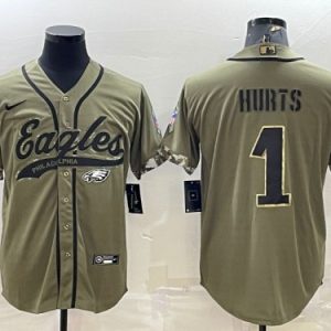 Men Philadelphia Eagles #1 Jalen Hurts Olive 2022 Salute To Service Cool Base Stitched Baseball Jersey