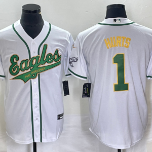 Men Philadelphia Eagles #1 Jalen Hurts White Gold Cool Base Stitched Baseball Jersey