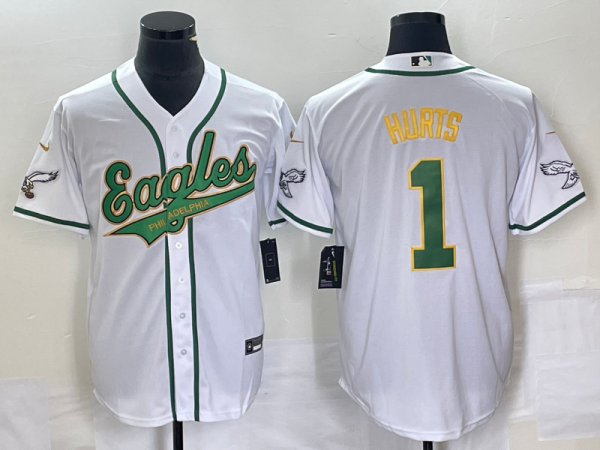 Men Philadelphia Eagles #1 Jalen Hurts White Gold Cool Base Stitched Baseball Jersey