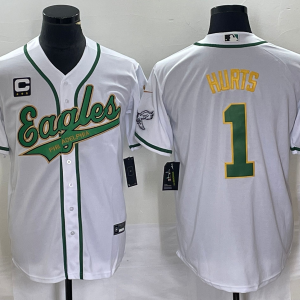 Men Philadelphia Eagles #1 Jalen Hurts White Gold With C Patch Cool Base Stitched Baseball Jersey