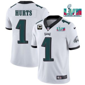 Men Philadelphia Eagles #1 Jalen Hurts White Super Bowl LVII Patch And 2-star C Patch Vapor Untouchable Limited Stitched Jersey