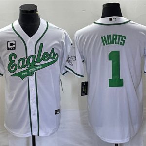 Men Philadelphia Eagles #1 Jalen Hurts White With C Patch Cool Base Stitched Baseball Jersey