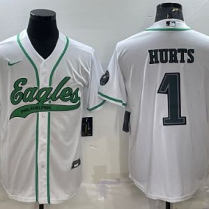 Men Philadelphia Eagles #1 Jalen Hurts White With Patch Cool Base Stitched Baseball Jersey