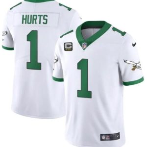 Men Philadelphia Eagles #1 Jalen Hurts White/Kelly Green With 3-Star C Patch Stitched Jersey