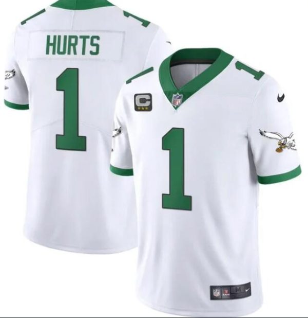 Men Philadelphia Eagles #1 Jalen Hurts White/Kelly Green With 3-Star C Patch Stitched Jersey