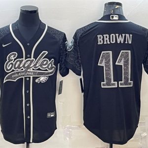 Men Philadelphia Eagles #11 A. J. Brown Black Reflective With Patch Cool Base Stitched Baseball Jersey