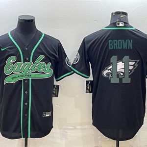 Men Philadelphia Eagles #11 A. J. Brown Black Team Big Logo With Patch Cool Base Stitched Baseball Jersey